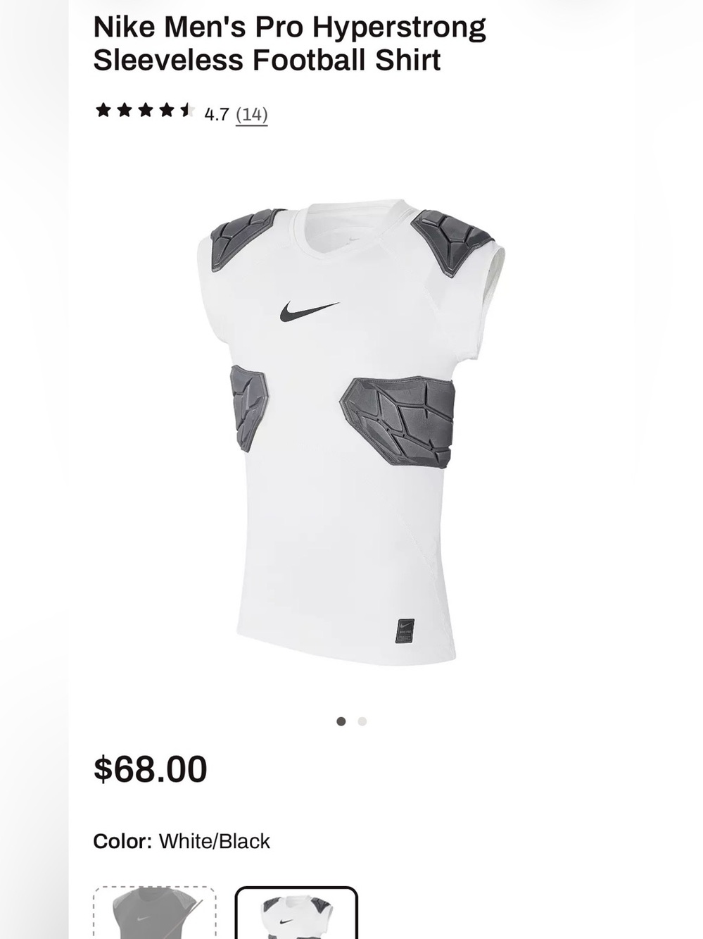 Nike White and Black Sleeveless Padded Football Top